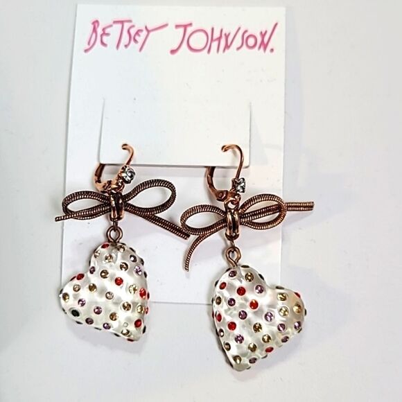 Betsey Johnson Earrings Clear Hearts with Red & Pink Stones & Ribbons, NIB - Picture 1 of 3
